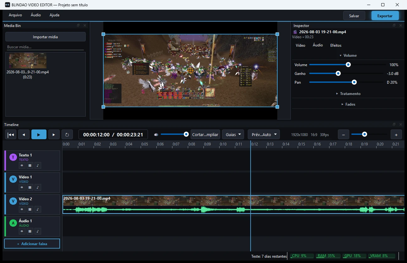 Aba Áudio do Inspector do BLINDAO VIDEO EDITOR com volume, ganho em dB, pan, tratamento e fades