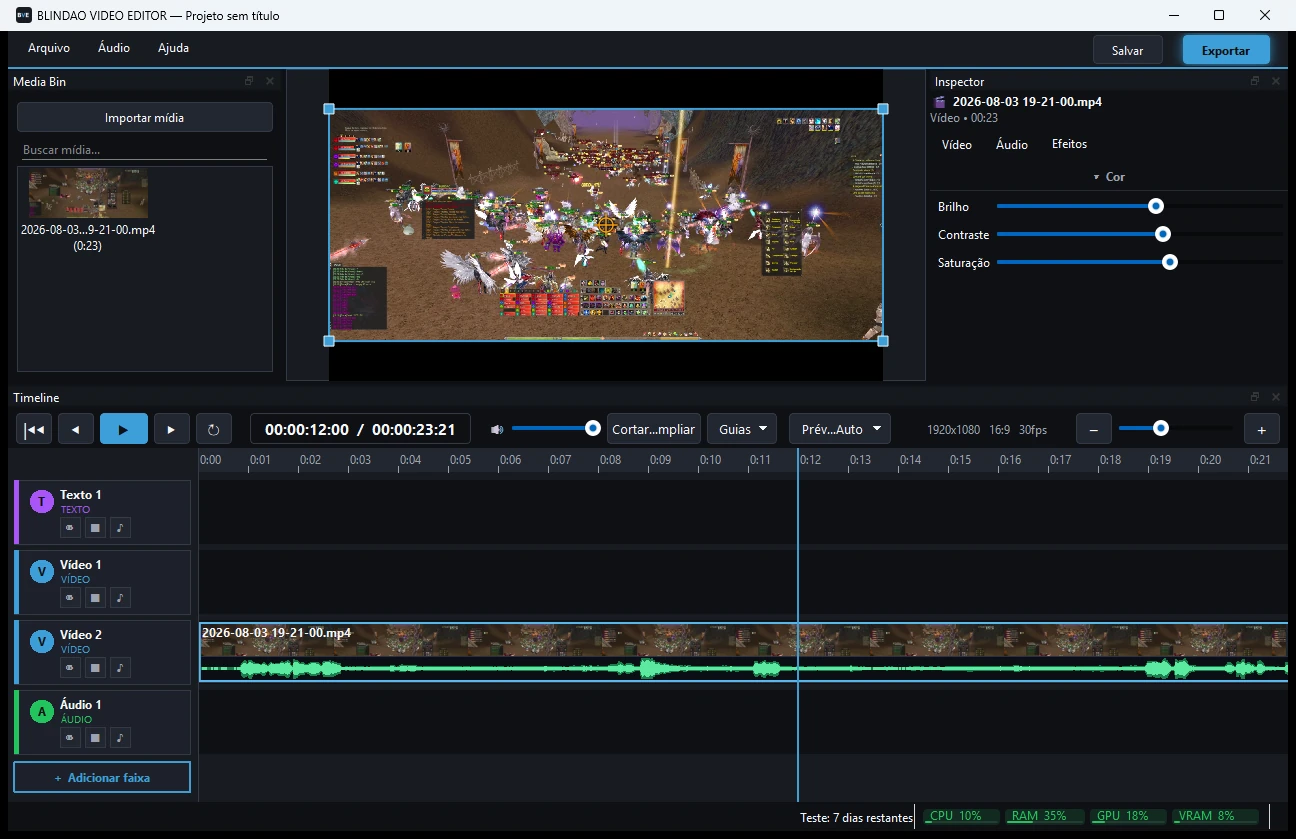 Aba Efeitos do Inspector do BLINDAO VIDEO EDITOR com controles de brilho, contraste e saturação aplicados ao gameplay