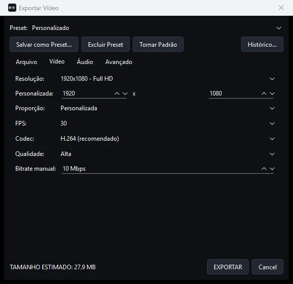 Diálogo Exportar Vídeo do BLINDAO VIDEO EDITOR na aba Vídeo, com resolução, proporção, FPS, codec, qualidade e bitrate