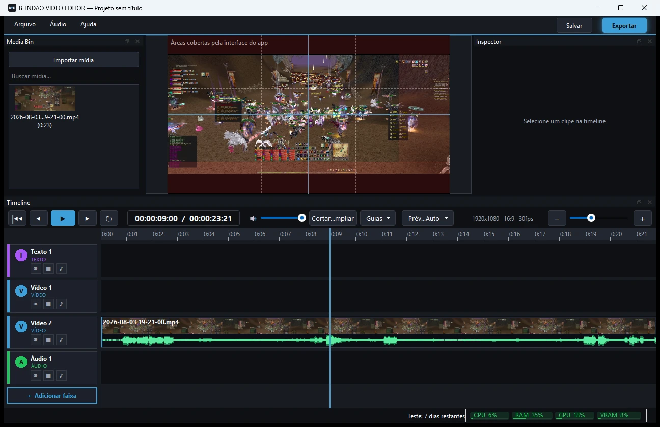 Prévia do BLINDAO VIDEO EDITOR com guias de enquadramento e a área segura das redes sociais marcada em vermelho sobre o gameplay