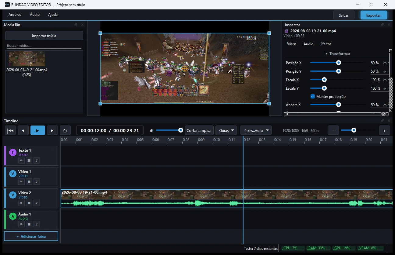 Tela do BLINDAO VIDEO EDITOR com um gameplay na timeline multipista, forma de onda do áudio e prévia do vídeo